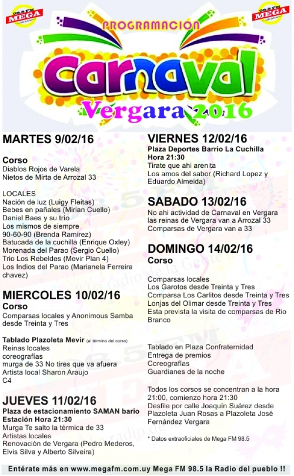 Programaci&oacute;n Carnaval en Vergara 2016