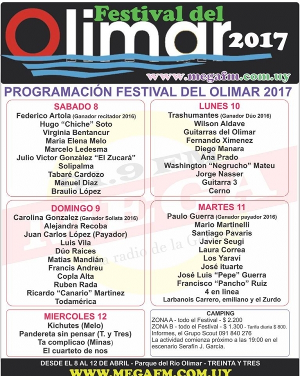 Grilla Programacion del 45º edición Festival del Olimar “Maestro Rubén Lena” 2017