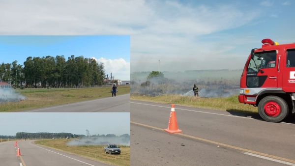 Bomberos de Vergara y Policía de Secc. 3ra. de Rincón trabajan en un incendio de campo en el kilómetro 365 de ruta 18 2/01/22