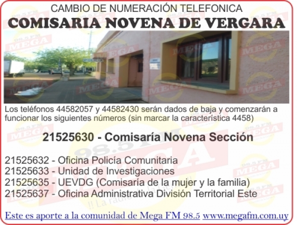 Cambio de numeraci&oacute;n telef&oacute;nica en Seccional Novena Vergara Treinta y Tres