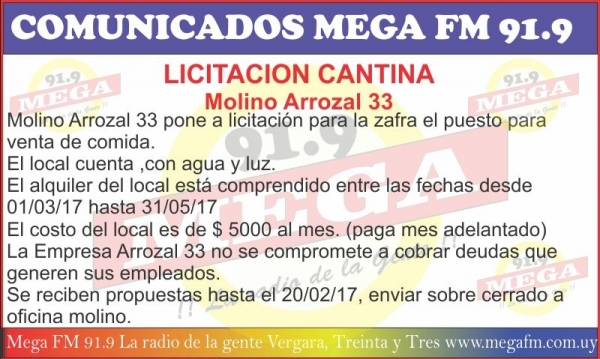 Molino Arrozal 33 realiza licitaci&oacute;n de cantina para la zafra 2017