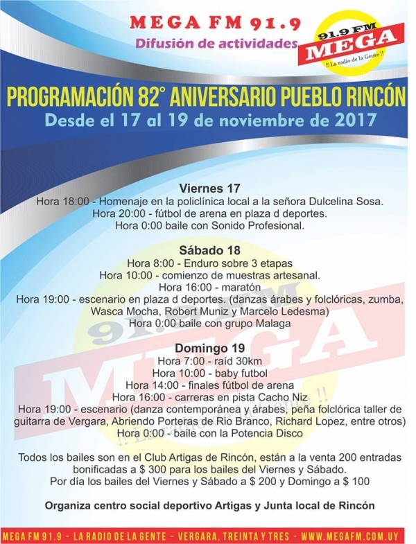 Programación 82° aniversarios de la localidad de Rincón