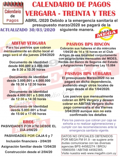 Calendario de pagos pasividades y asignaciones Abril 2020 en Vergara