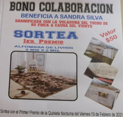 Se encuentra a la venta un bono colaboración a beneficio de la familia Silva damnificada con la voladura de techo en su domicilio a causa del viento 30/01/21