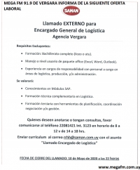 llamado externo para Encargado degenral de log&iacute;stica Agencia SAMAN Vergara 4/05/2020