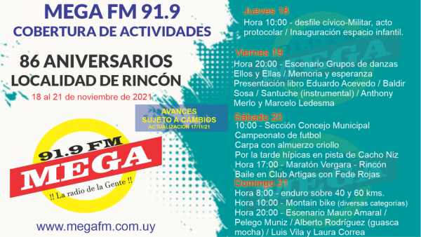 Programaci&oacute;n fiesta 86 aniversarios de la localidad de Rinc&oacute;n 2021