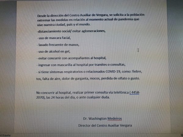 Comunicado desde el Centro Auxiliar local ante casos positivos de COVID-19 23/12/20