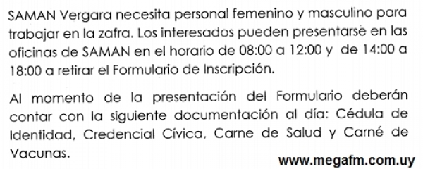 SAMAN Vergara realiza llamado a interesados en trabajar en la cosecha 2016