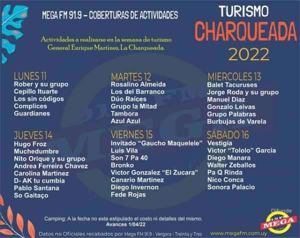 Programaci&oacute;n Grilla festival de La Charqueada 2022 - Turismo General Enrique Martinez